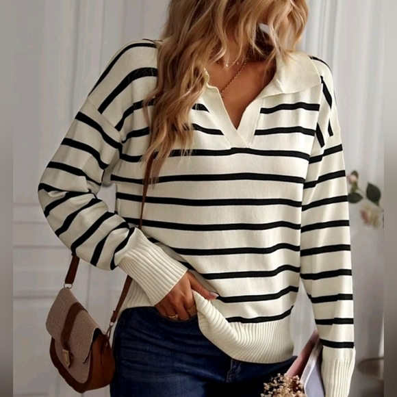 New Chic Striped Knit Collar Sweater Top Pullover Cream Ivory Black - Picture 1 of 8